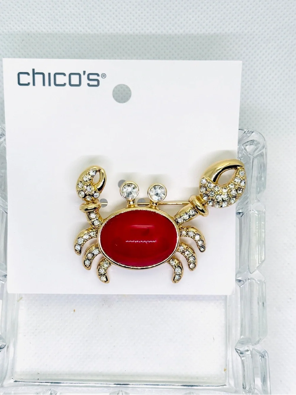 Chico's Brooch Gold-Tone Crab with Red Enamel and Crystal Accents. New.